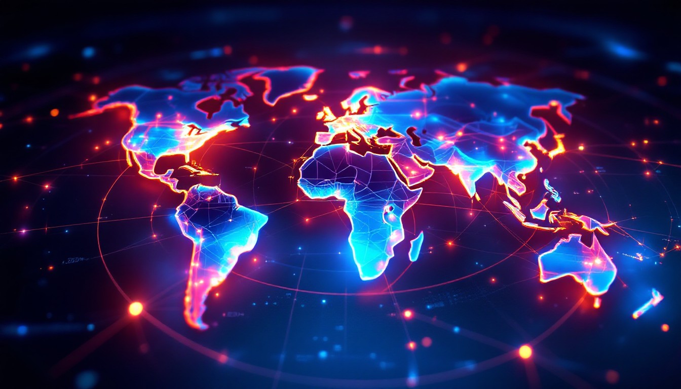 Global data visualization showing world map with charts and graphs representing markets and industries